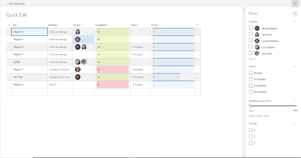 SharePoint list showing quick edit filters